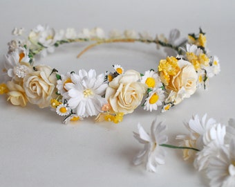 Paper Flower, DIY Bridal flower crown, Wedding props: hair wreaths circle wild 20 cm., daisy, roses, ivory,of-white, white and yellow Color.