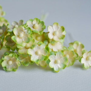 Paper flower,  handmade flowers, centerpieces, DIY supplies: 50 pcs. small cherry blossom, Sakura, 1.5 cm. green brush color.