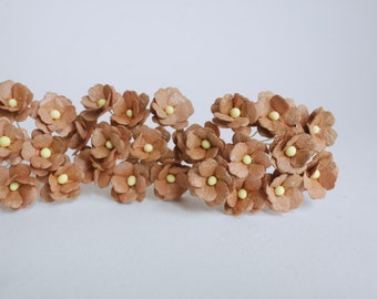 May include: A cluster of brown paper flowers with yellow centers. The flowers are arranged in a row and are all facing the same direction.