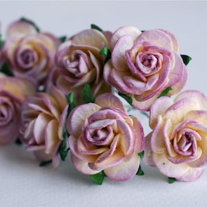 Paper Flower, 50 pieces mini rose, Size 2.5 cm., Violet  brush yellow cream color.