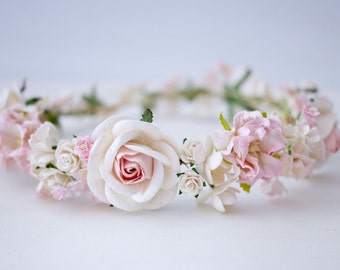 Paper Flower, Crown, Headband, Wedding, pink, soft pink, cream and white Color. ADUlT SIZE.