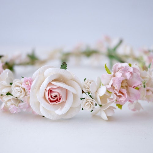 Paper Flower, Crown, Headband, Wedding, pink, soft pink, cream and white Color. ADUlT SIZE.