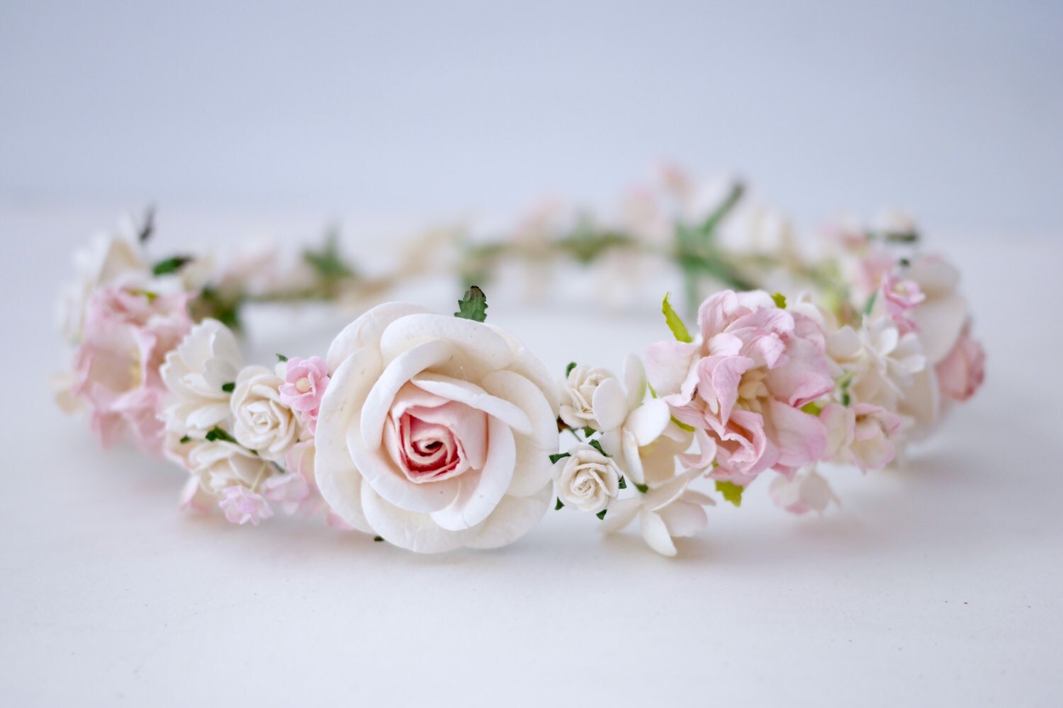 9390 Floral Tiara Hairband Peach, Pink & White Flower Crown Headband Pink Rose Flower Girl Headband: Wedding Floral Crown With  main image 2