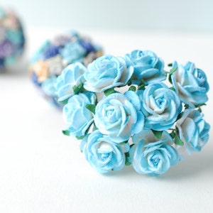 Paper Flower, 50 pieces mini rose, blue sky brush white color, handmade.