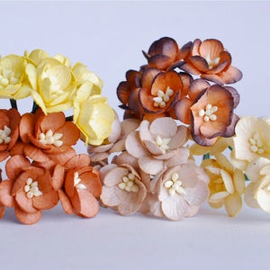 Paper flower, 50 pcs. Cheery Blossom size  2.5 cm., mixed ivory, pale yellow, brown, pale brown and rusty color.