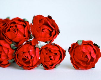 Paper flower, English vintage peony mulberry roses 25 pcs., size 3.5 cm., Red color.