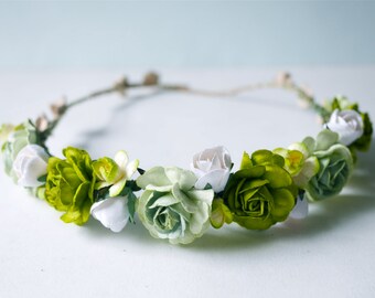 Paper Flower, Crown, Headband, Wedding, rose and budding roses, Green Color.