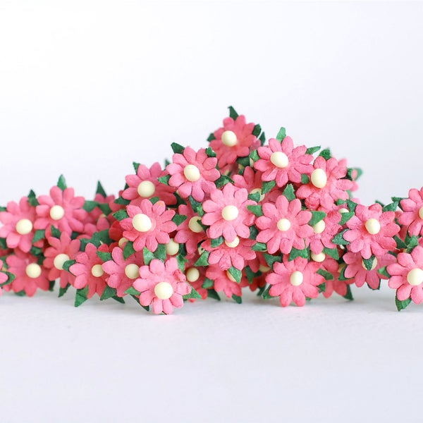 Small Paper Flower, 100 pcs. Flat centerpiece with stem, Small daisy flowers size 0.5 cm. pink salmon color.