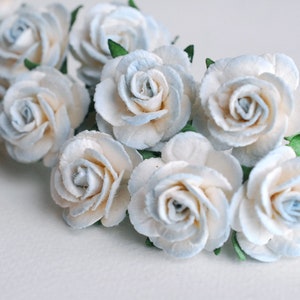 Paper Flower, small roses, handmade flowers, DIY supplies; 50 pieces mini rose size 2.5 cm., blue sky brush white color.