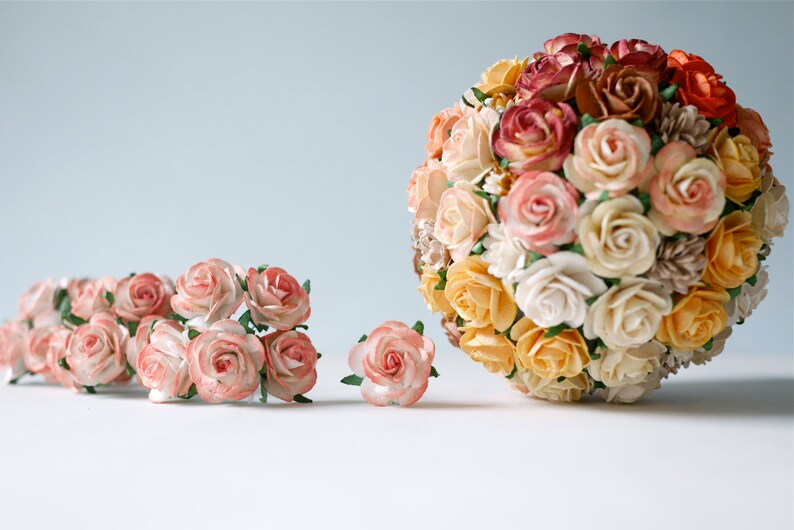 Paper Flower,50 pieces mini rose size 2.5-3 cm. peach brush whtie color.