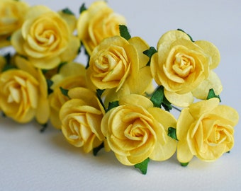 Handmade Mulberry Paper Flowers: Mini Yellow Roses, DIY Supplies (50 Pieces)