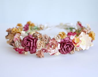 Only one piece.Paper Flower, Crown, wreath, Wedding, Autumn tone: dark red, brown , red wine, rusty, yellow and ivory Color.