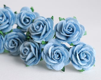 Handmade Mulberry Paper Roses: 50 Pale Wooden Blue Mini Flowers (2.5 cm)