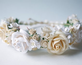 Paper Flower, Crown, Headband, Wedding, ivory, cream and white Color.
