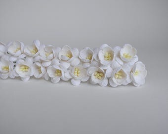 50 Small White Paper Cherry Blossoms: Handmade Sakura Flowers, DIY Craft Supplies