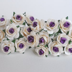 Paper Flower, roses paper, wedding supplies, gift: 100 pieces mulberry, handmade flower  small  roses paper 1.5 cm. purple-white color.