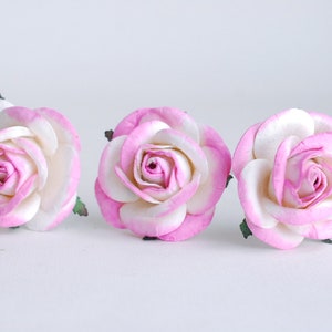 Paper Flower craft, 3 pieces, centerpieces, wedding supplies, DIY roses paper, handmade flowers,  4cm., pink brush white rose paper color.