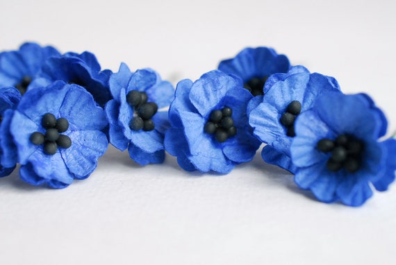 Handmade Royal Blue Paper Poppy Flowers With Black Pollen (50