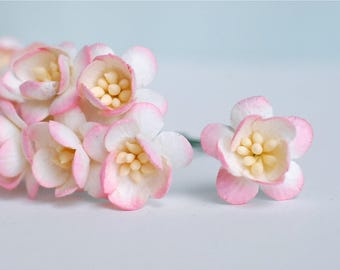 SALE REDUCTION**Paper flower, 50 pieces, size 2.5 cm. Cherry blossom,  pink brush soft ivory color.