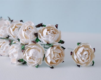 Paper flower, English vintage  peony mulberry roses 25 pcs., size 3.5 cm., white color.