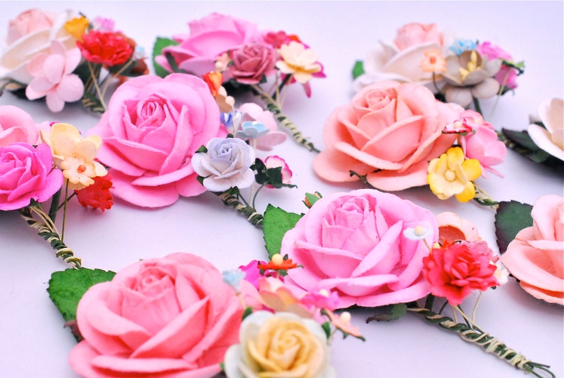 2tone white pink and pink roses pale pink centerpiece Paper Flower Bouquets budding roses and green leaf. 10 pcs. creeping lady