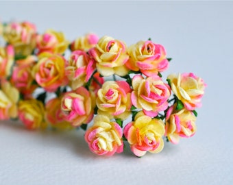 ON SALE** Paper Flowers, 100 pcs., mini rose, size 0.8 cm., yellow brush pink color.
