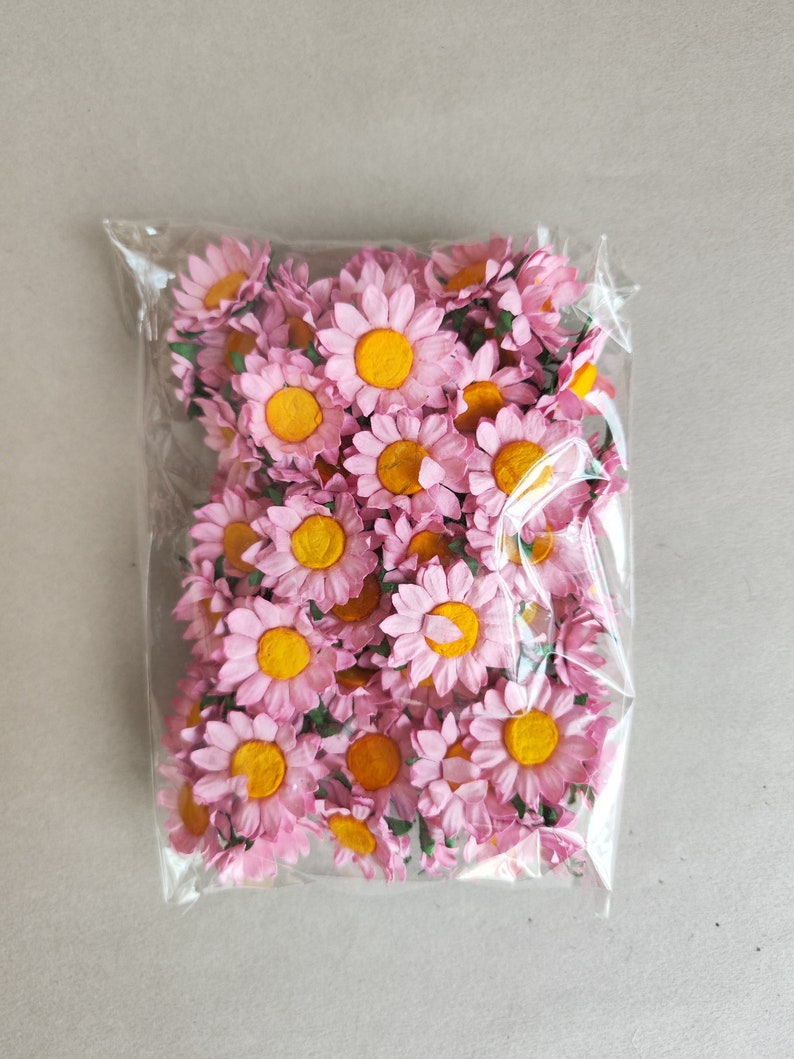 Paper Flower, Centerpieces, DIY making, 50 pcs. small daisy flower size 3 cm. yellow pollen, pink color. handmade flower image 8