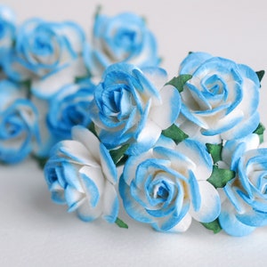 Paper Flower, small roses, handmade flowers, DIY supplies; 50 pieces mini rose size 2.5 cm., medium blue sky brush white color.