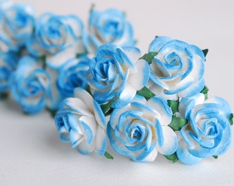 50 Handmade Mulberry Paper Roses: Mini Blue & White Flowers (2.5cm)