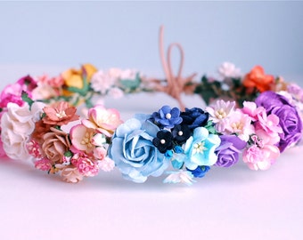 Paper Flower, Crown, ONLY ONE PIECE, diameter 20 cm., Blue, Navy, green, brown, burgundy brush, red, pink brush, purple and white color.