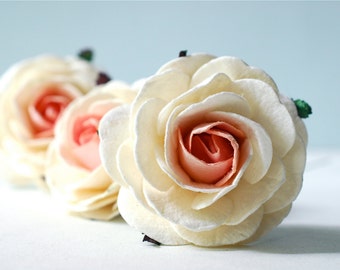 Paper flower, Wedding supplies, handmade flowers, centerpieces; 10 pieces mulberry big rose paper flowers,  pink-white color.