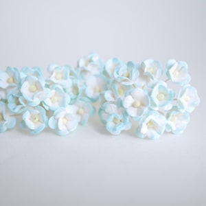 Small Paper Flower supplies, DIY wedding, gift decoration: 100 pieces small Hydrangea paper flower size 1.5 cm., blue-sky brush white color.