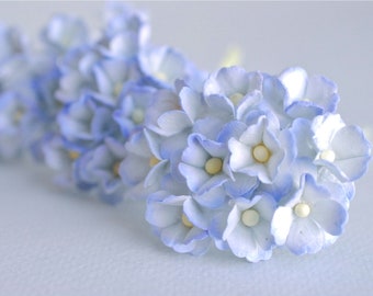 Paper Flower, 100 pieces, hydrangea flowers, size 2 cm., soft blue brush white color.