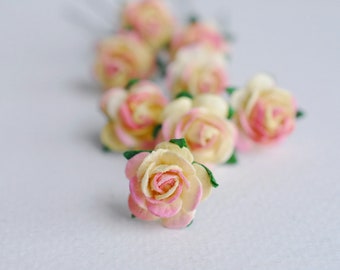 ON SALE** Paper Flowers, handmade flower, paper flowers DIY wedding:100 pcs., mini rose, size 1.5 cm., yellow brush pink color.