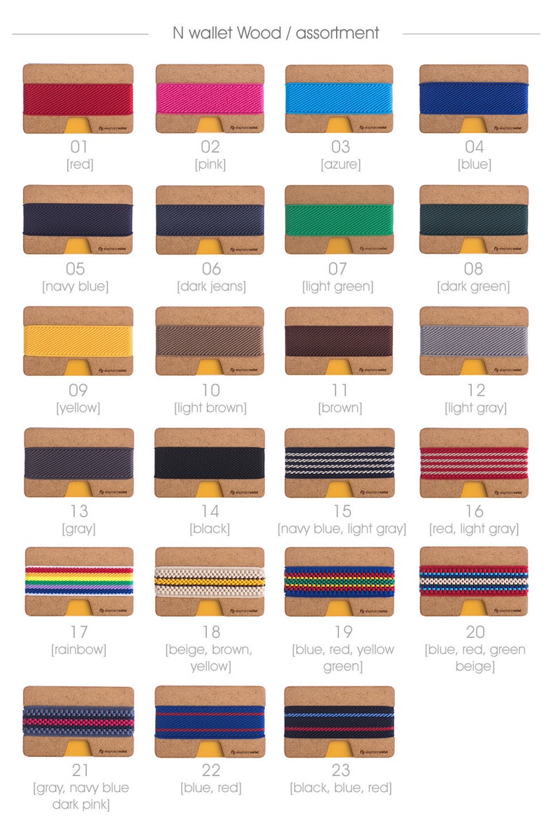 May include: A selection of 23 different colored elastic bands for a wallet. The bands are displayed on a cork background with a number and color description below each band.