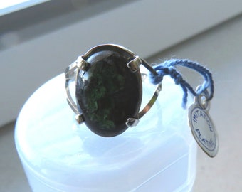 Adjustable silver plated ring embellished with black and green enamel on copper and original label NOS