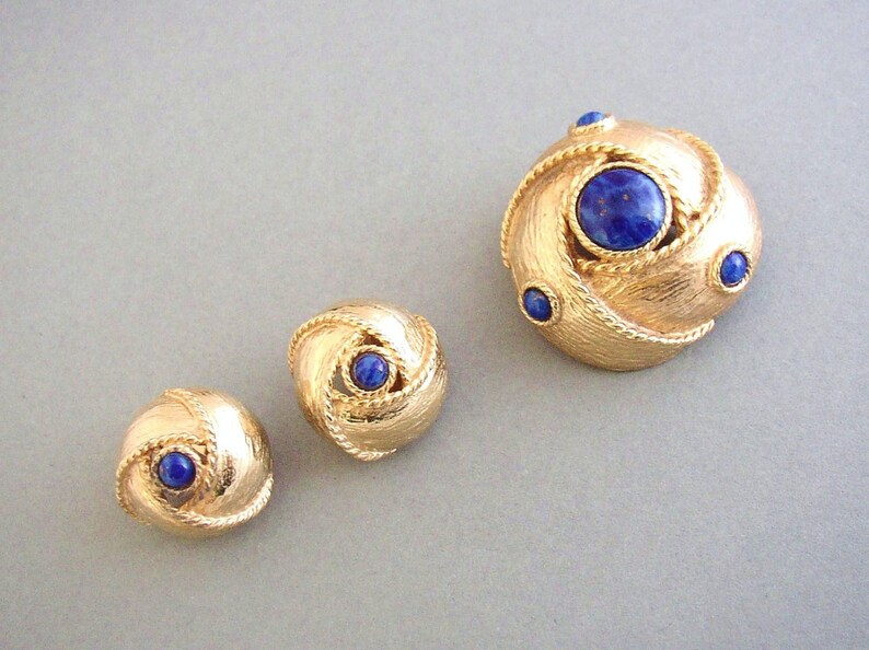 LES BERNARD INC. Set earrings and brooch embellished with art glass cabochons faux lapis lazuli image 1