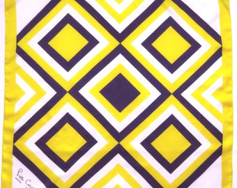 Pierre Cardin Silk Scarf: 1970s Graphic Print, Yellow Blue White