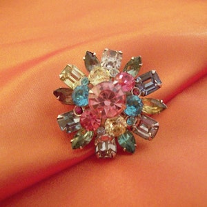 CORO Domed 3-layer round brooch prong set with multi colored rhinestones hand made image 4