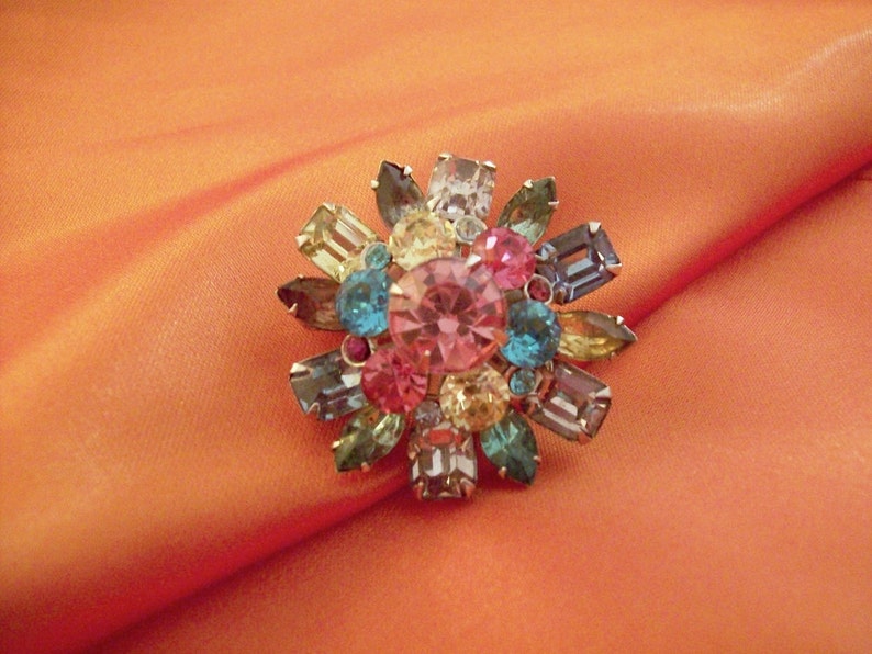 CORO Domed 3-layer round brooch prong set with multi colored rhinestones hand made image 4