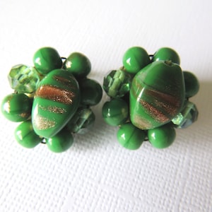 Handmade Green Glass Bead Clip Earrings: 1950s-60s Vintage