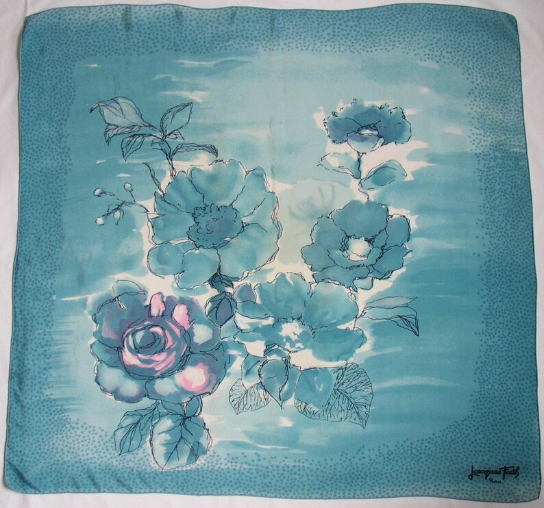 JACQUES FATH Teal colored silk square scarf aquarelle style signed Jacques Fath Paris image 1