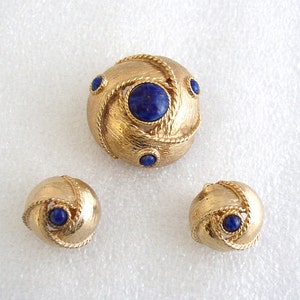 LES BERNARD INC. Set earrings and brooch embellished with art glass cabochons faux lapis lazuli image 3