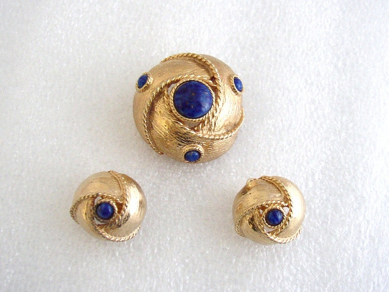 LES BERNARD INC. Set earrings and brooch embellished with art glass cabochons faux lapis lazuli image 3