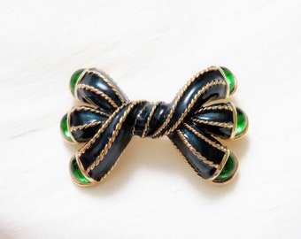 Vintage NINA RICCI Schleifen Brosche: Nachtblaue Emaille, grünes gegossenes Glas, 1980er Jahre