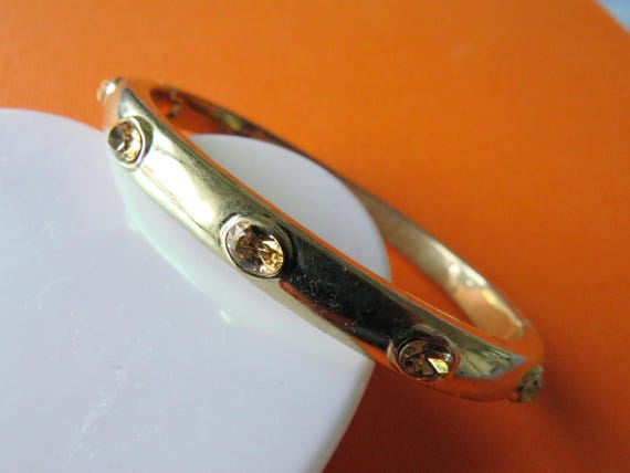 Vintage Monet Hinged Bangle: Gilded Peach Rhinest… - image 1