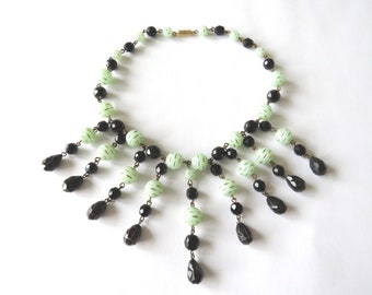 Neo Deco Fringe Necklace: Black Glass & Jade Green Carved Beads