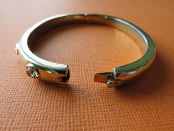 Vintage Monet Hinged Bangle: Gilded Peach Rhinest… - image 8
