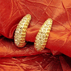 PANETTA – Clip on gilded metal earrings oval hoop style encrusted with clear rhinestones on front sides 1960s-1970s