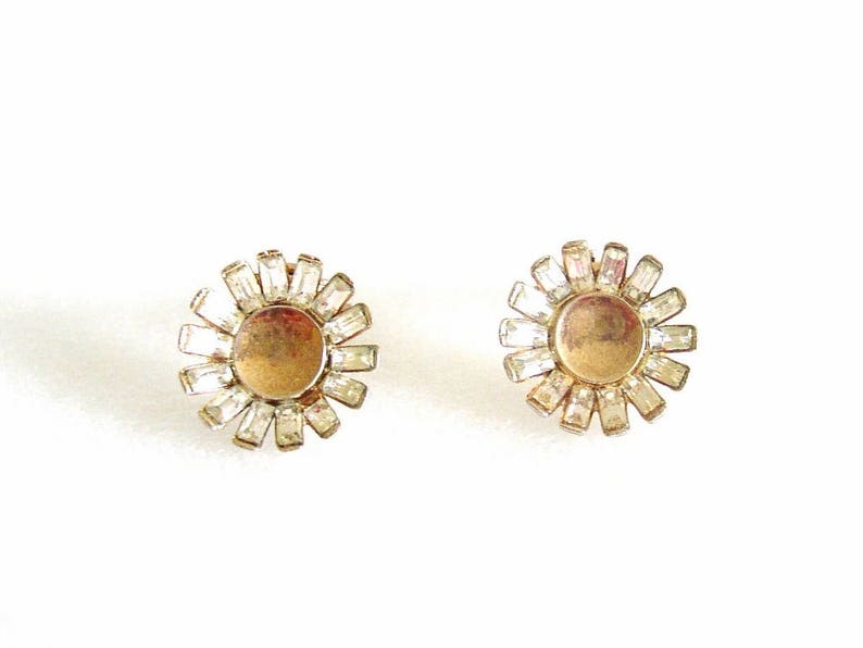 TRIFARI Crown \u2013 Retro round earrings gilded metal gold wash set with clear crystals Pat Pending